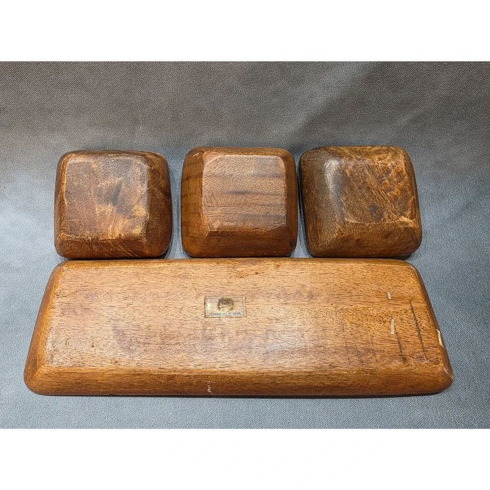 Vintage Acacia Wood Serving Set 3 Square Bowls and Rectangular Tray Philippines